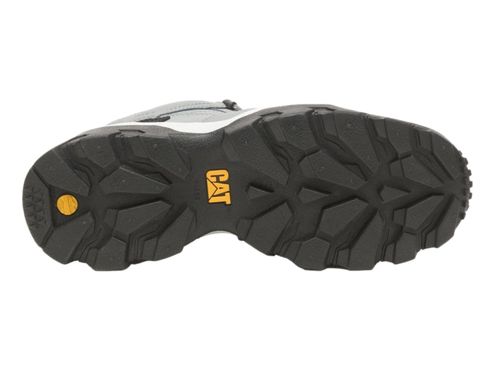 Zapato de excursionismo Caterpillar color gris y negro con suela robusta y cordones.