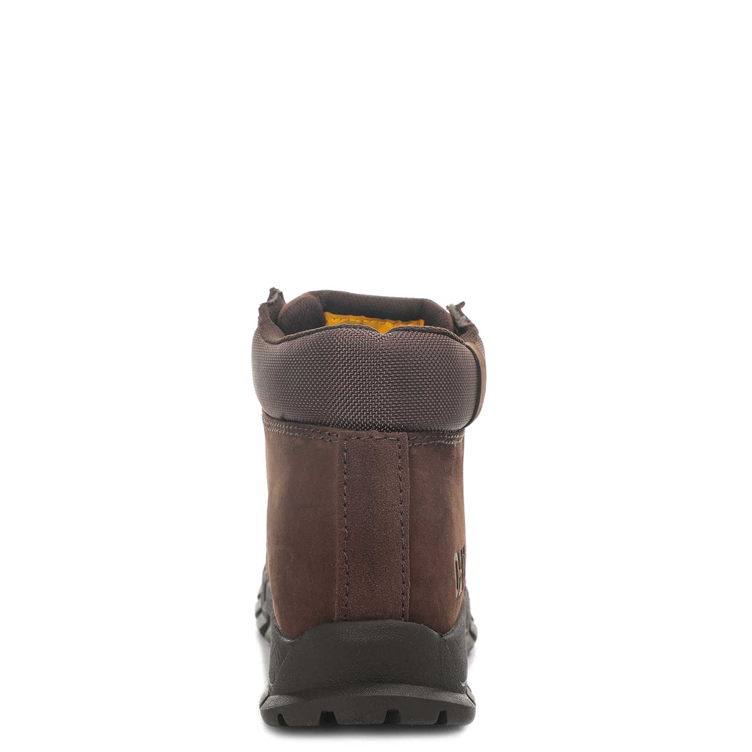 Botín Caterpillar Kaden en cuero color marrón oscuro con suela robusta y cordones beige.