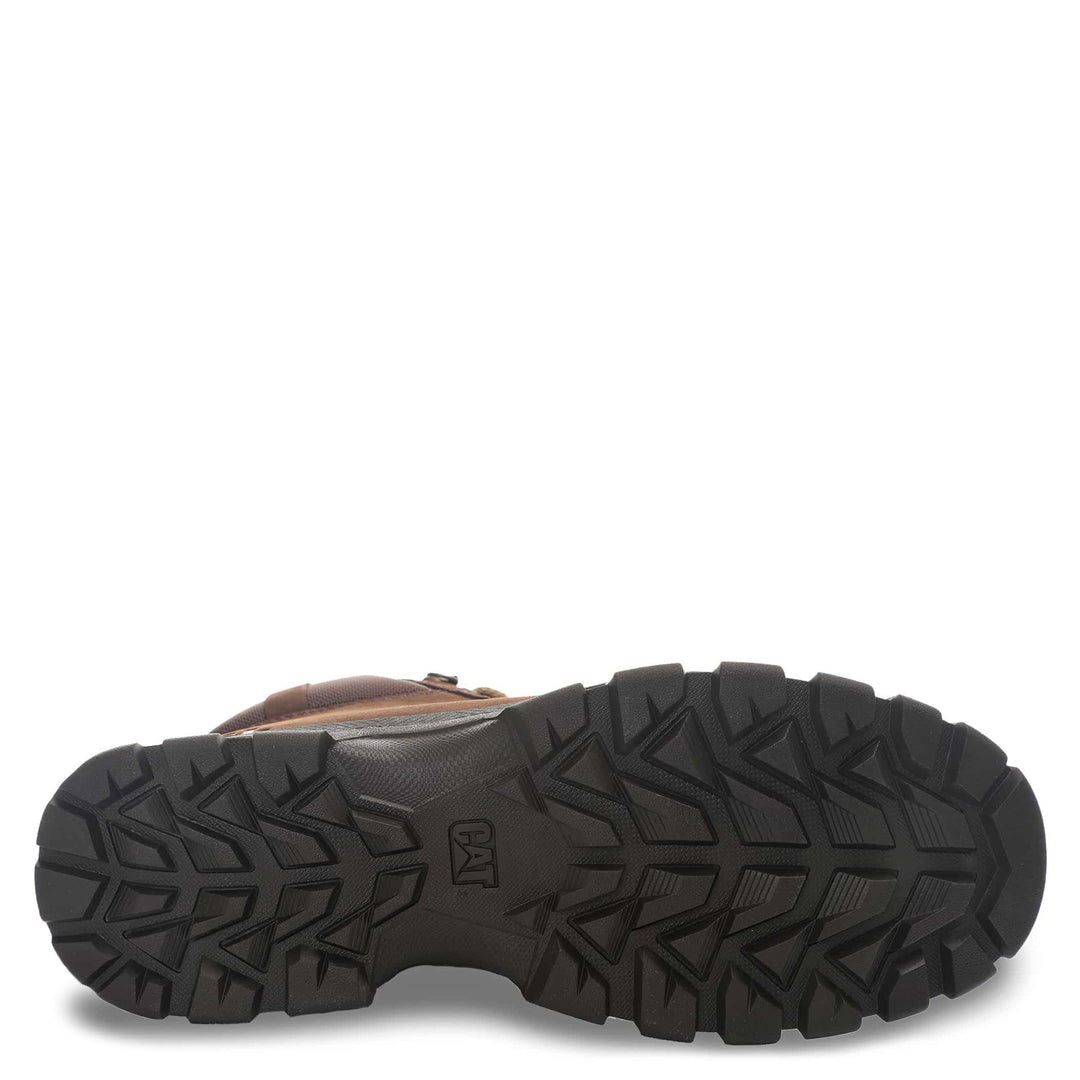 Botín Caterpillar Kaden en cuero color marrón oscuro con suela robusta y cordones beige.