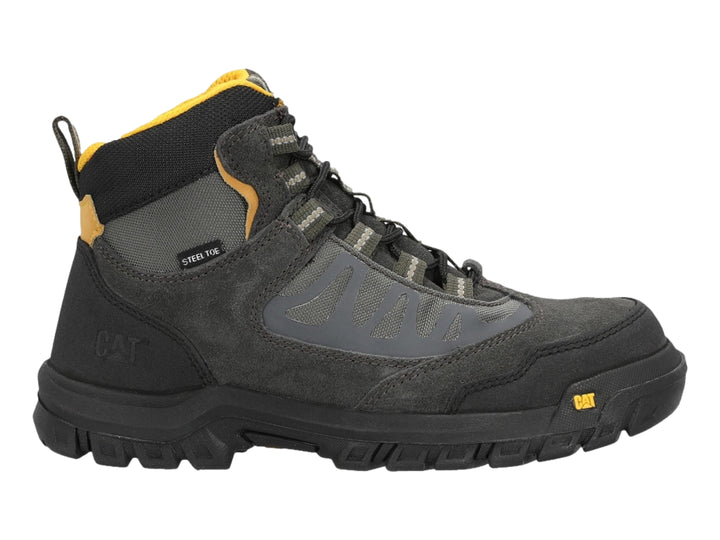 Bota de trabajo Caterpillar color gris con detalles en amarillo y etiqueta de punta de acero.