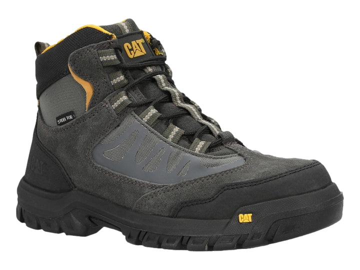 Bota de trabajo Caterpillar color gris con detalles en amarillo y etiqueta de punta de acero.