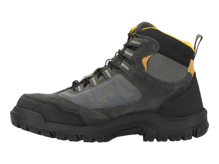 Bota de trabajo Caterpillar color gris con detalles en amarillo y etiqueta de punta de acero.
