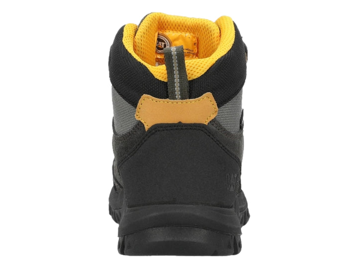 Bota de trabajo Caterpillar color gris con detalles en amarillo y etiqueta de punta de acero.
