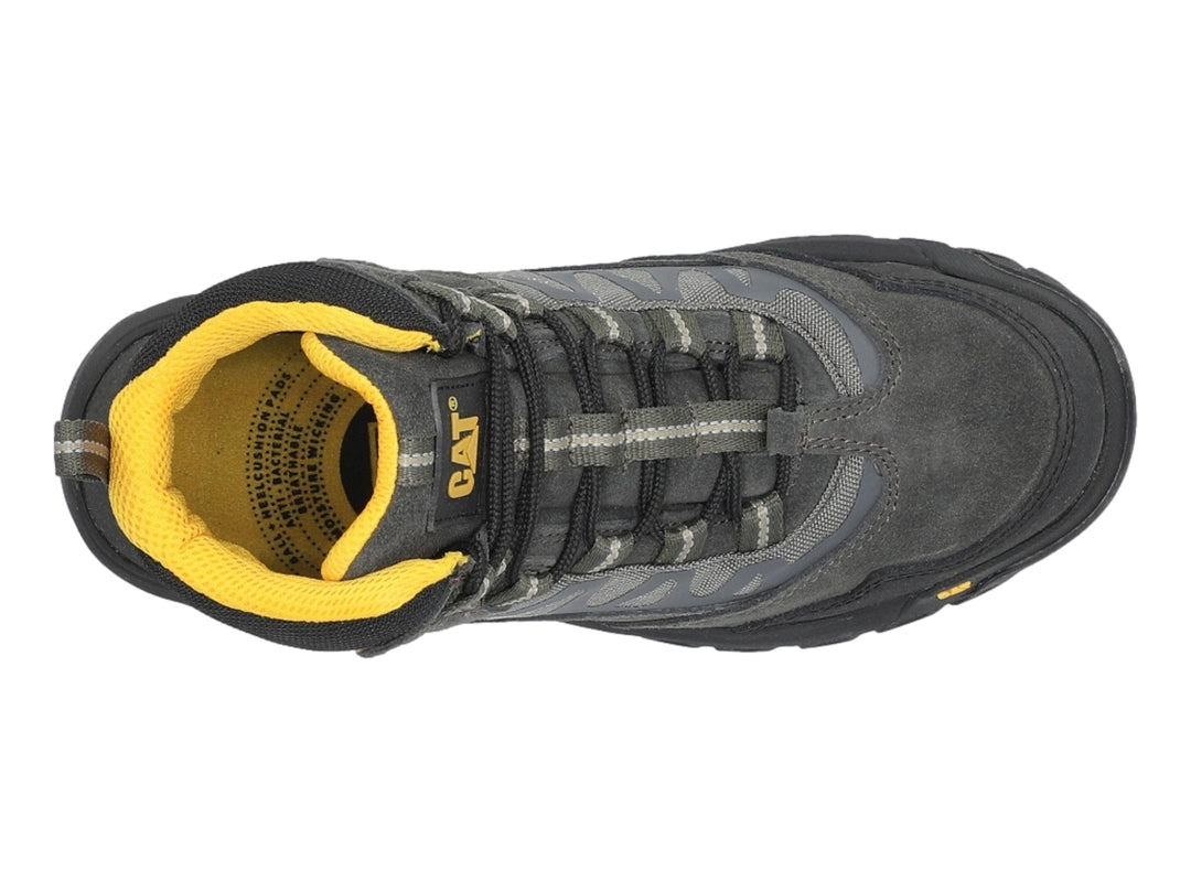 Bota de trabajo Caterpillar color gris con detalles en amarillo y etiqueta de punta de acero.