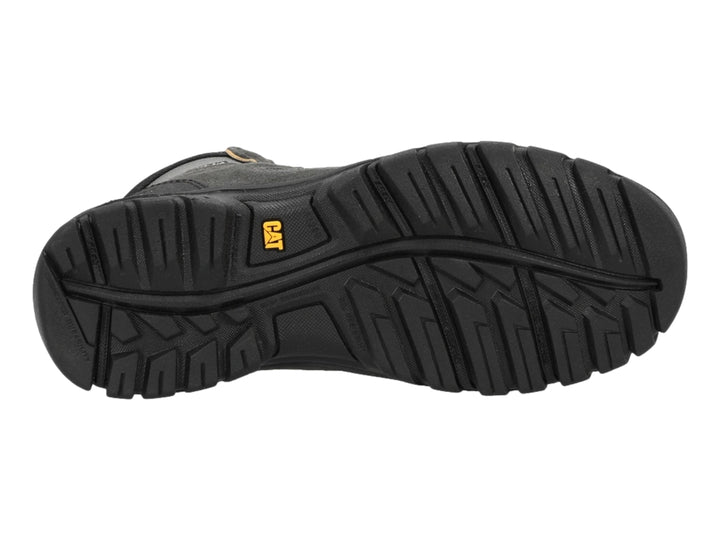 Bota de trabajo Caterpillar color gris con detalles en amarillo y etiqueta de punta de acero.
