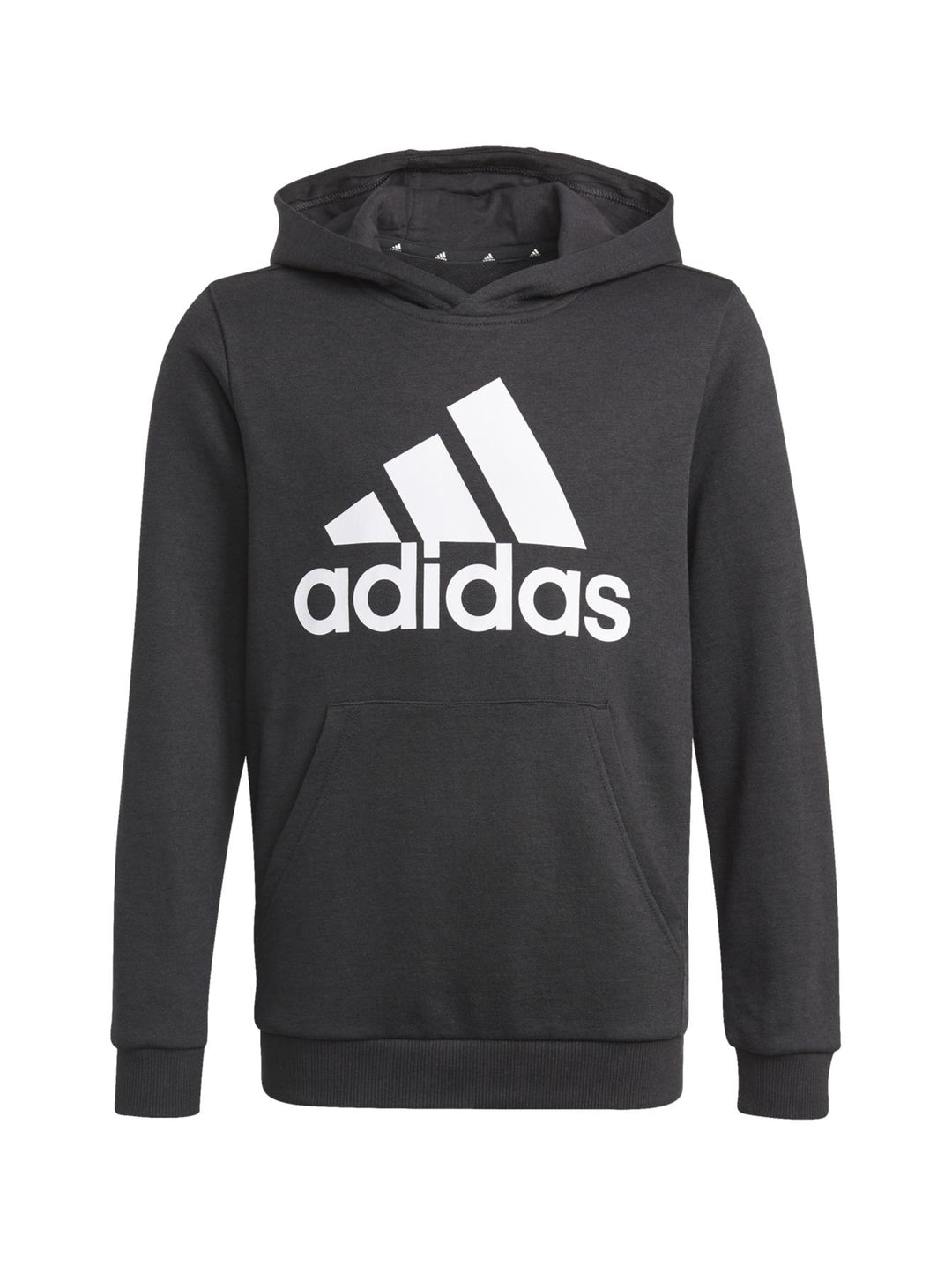 Sudadera negra con capucha y logotipo blanco de Adidas en el pecho.