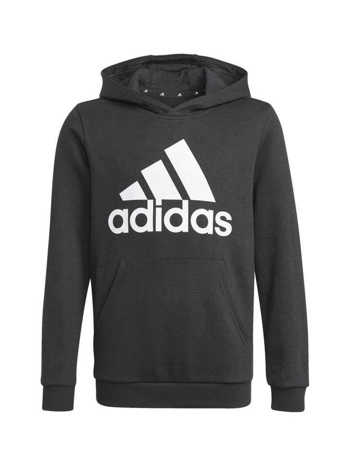 Sudadera negra con capucha y logotipo blanco de Adidas en el pecho.
