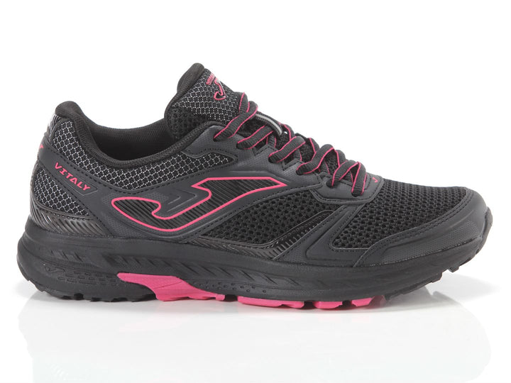 Tenis deportivos Joma color negro con detalles en fucsia para mujer.