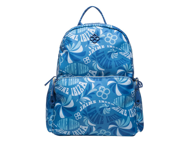 Mochila escolar azul con estampado floral y logotipos de la marca Jaime Ibiza.
