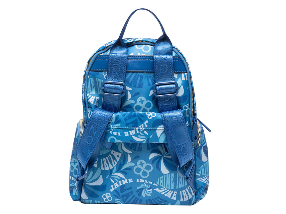 Mochila escolar azul con estampado floral y logotipos de la marca Jaime Ibiza.
