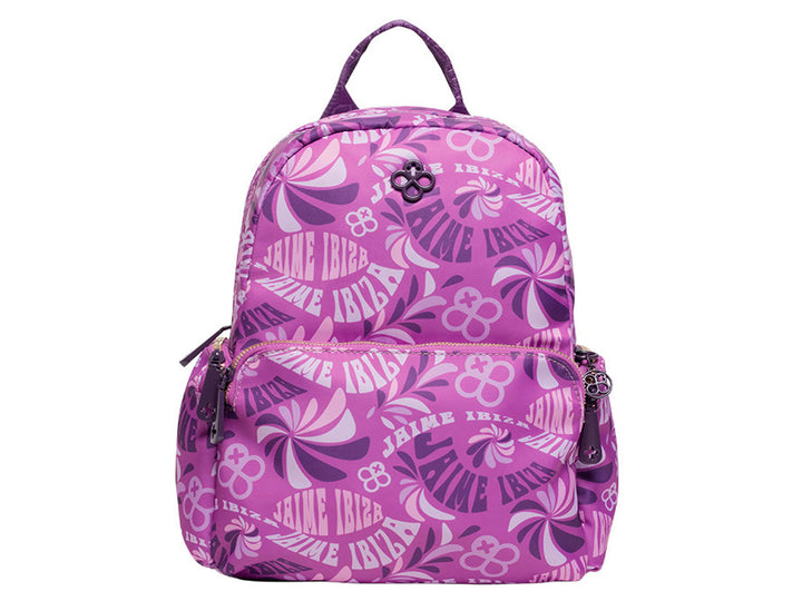 Mochila morada de Jaime Ibiza con estampado gráfico en blanco y detalles metálicos.