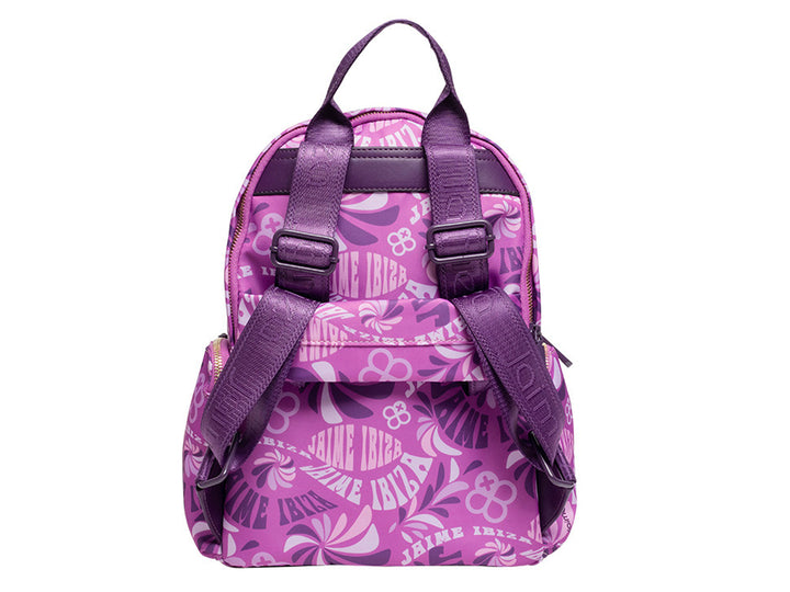 Mochila morada de Jaime Ibiza con estampado gráfico en blanco y detalles metálicos.