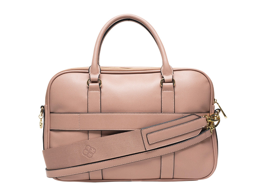 Bolso Jaime Ibiza color blush con asas superiores y detalles metálicos en dorado.
