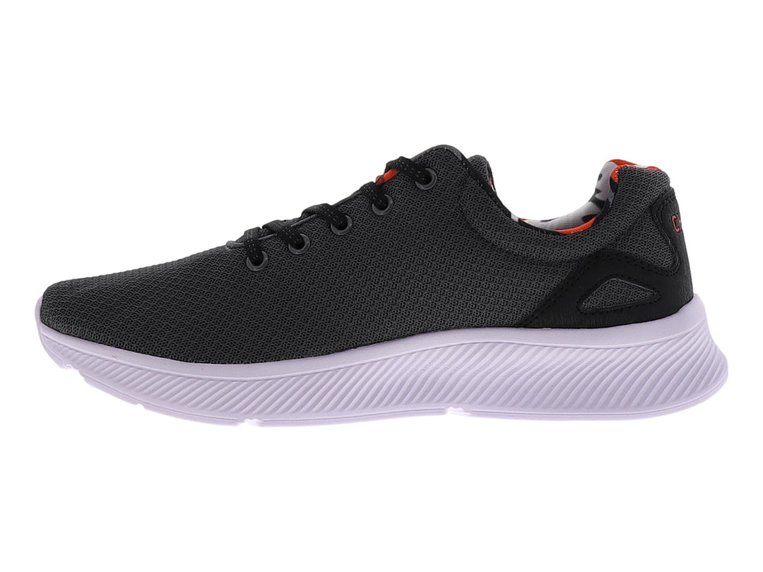 Tenis deportivos Charly color negro con suela blanca y detalles rojos en el interior.