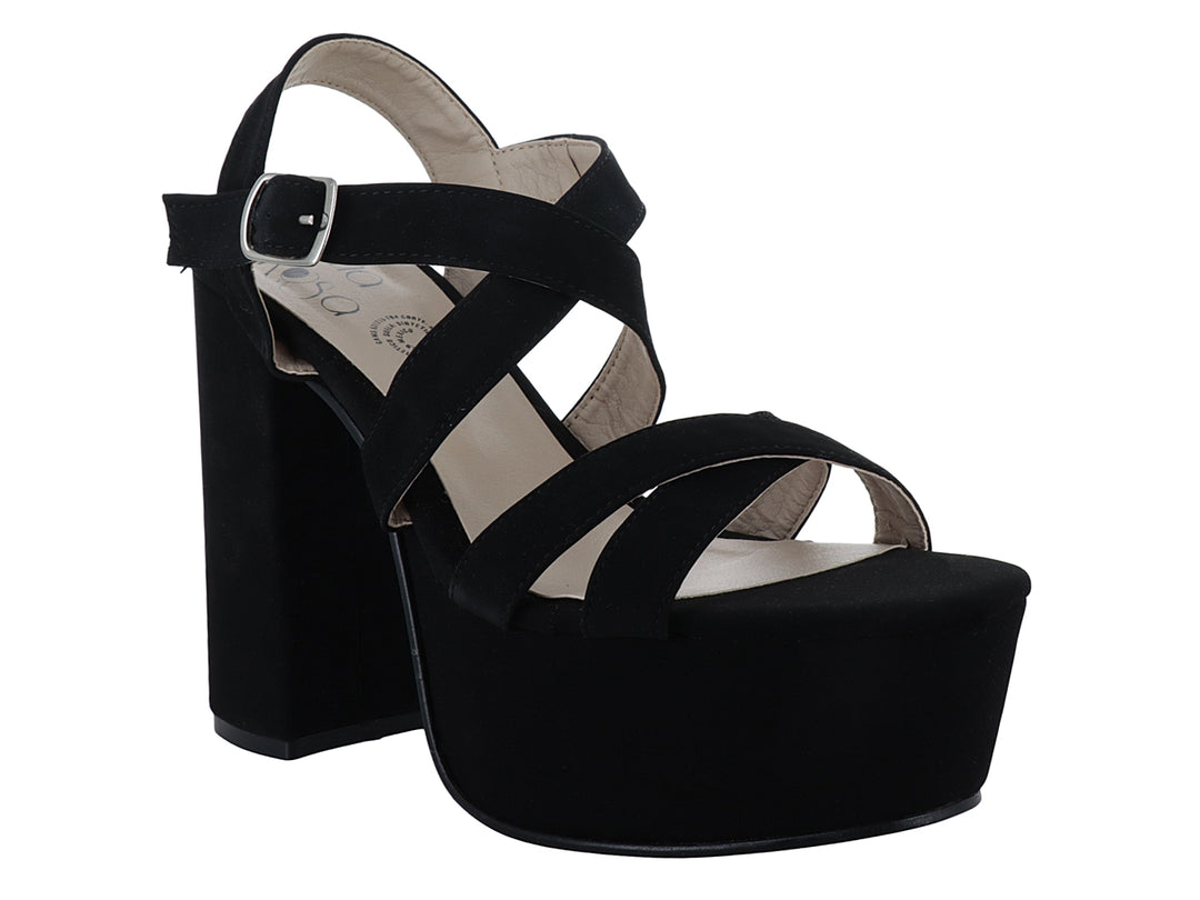 Sandalia de mujer color negro con plataforma alta, tacón grueso y correas cruzadas con hebilla.