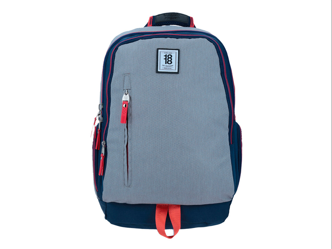 Mochila escolar Chenson en color gris con detalles en azul marino y rojo, diseño juvenil con múltiples compartimentos.