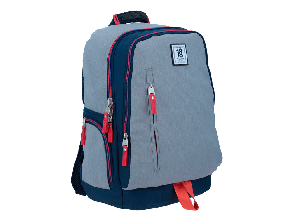 Mochila escolar Chenson en color gris con detalles en azul marino y rojo, diseño juvenil con múltiples compartimentos.