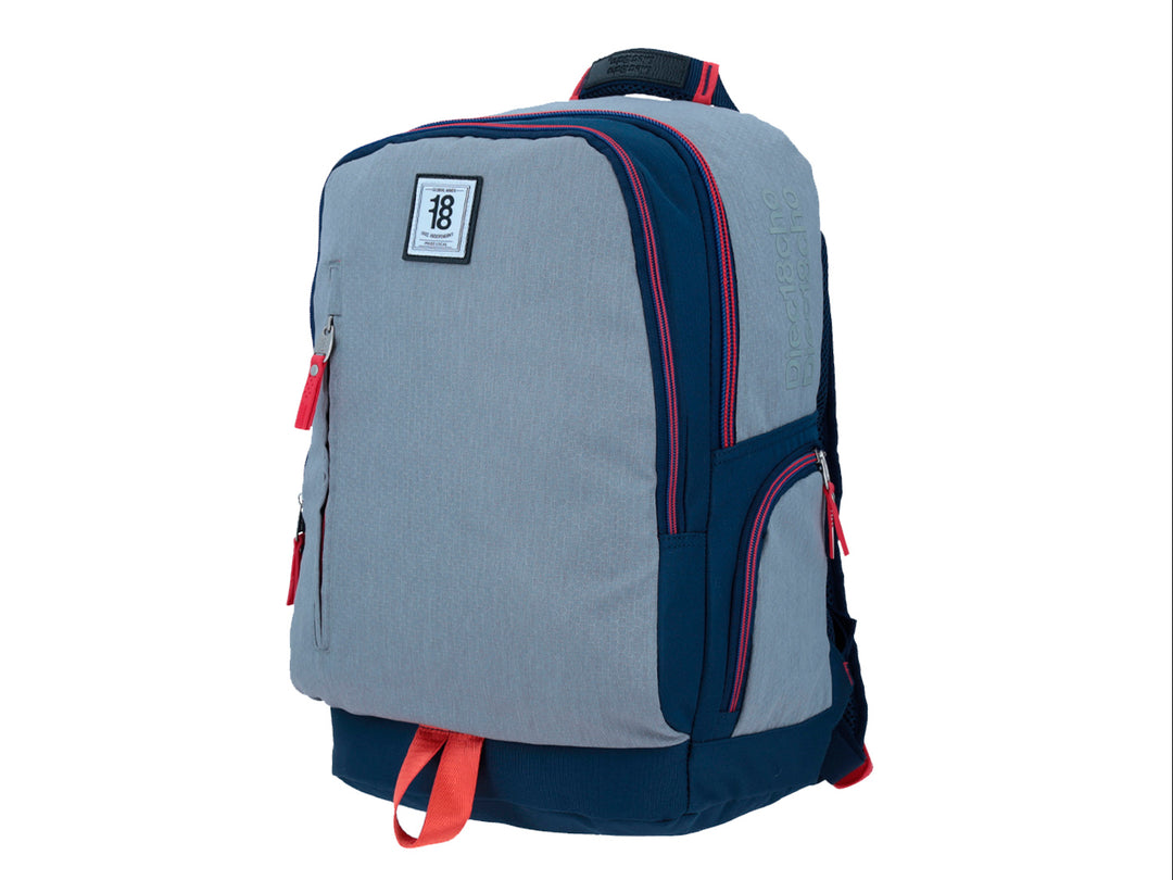 Mochila escolar Chenson en color gris con detalles en azul marino y rojo, diseño juvenil con múltiples compartimentos.