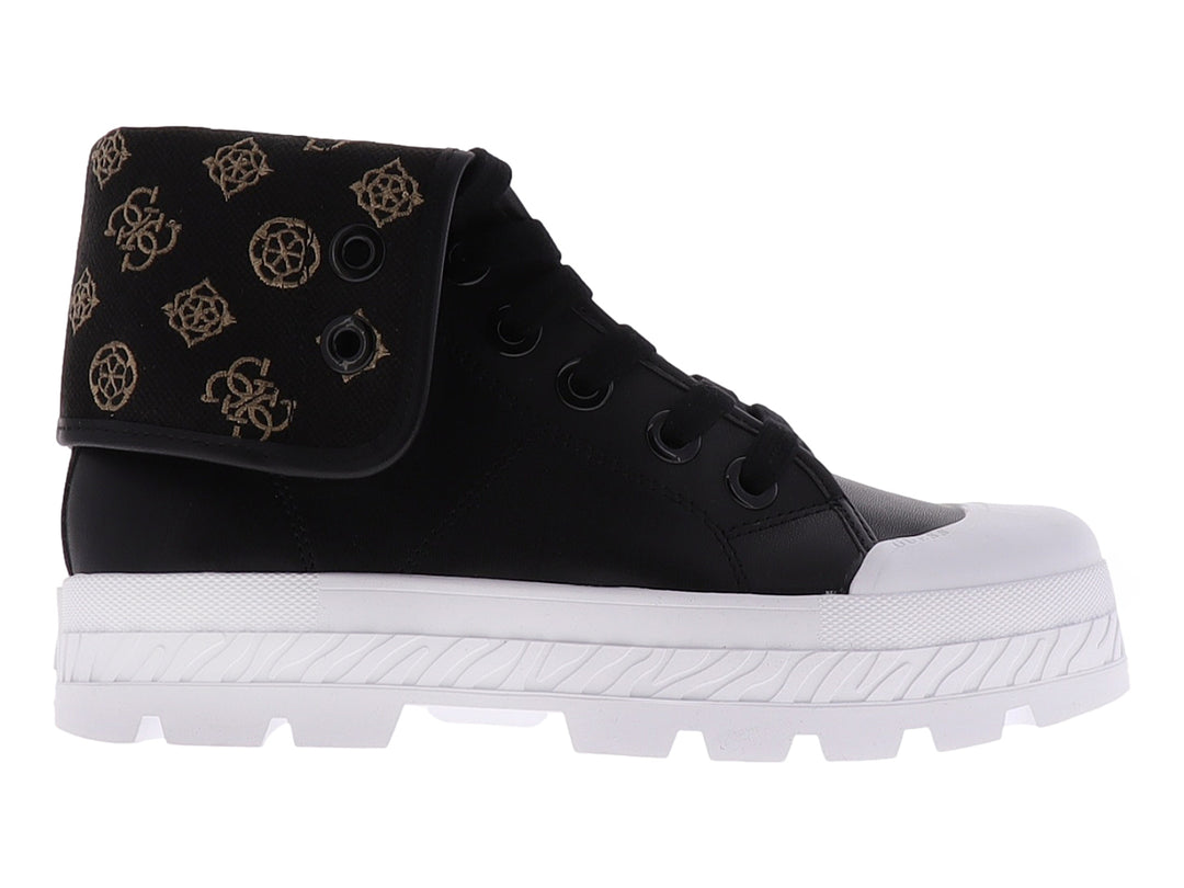 Tenis Guess modelo GW HORLO3 en color negro con suela blanca ancha y plataforma dentada.