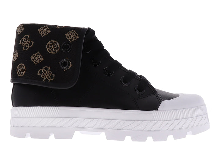Tenis Guess modelo GW HORLO3 en color negro con suela blanca ancha y plataforma dentada.