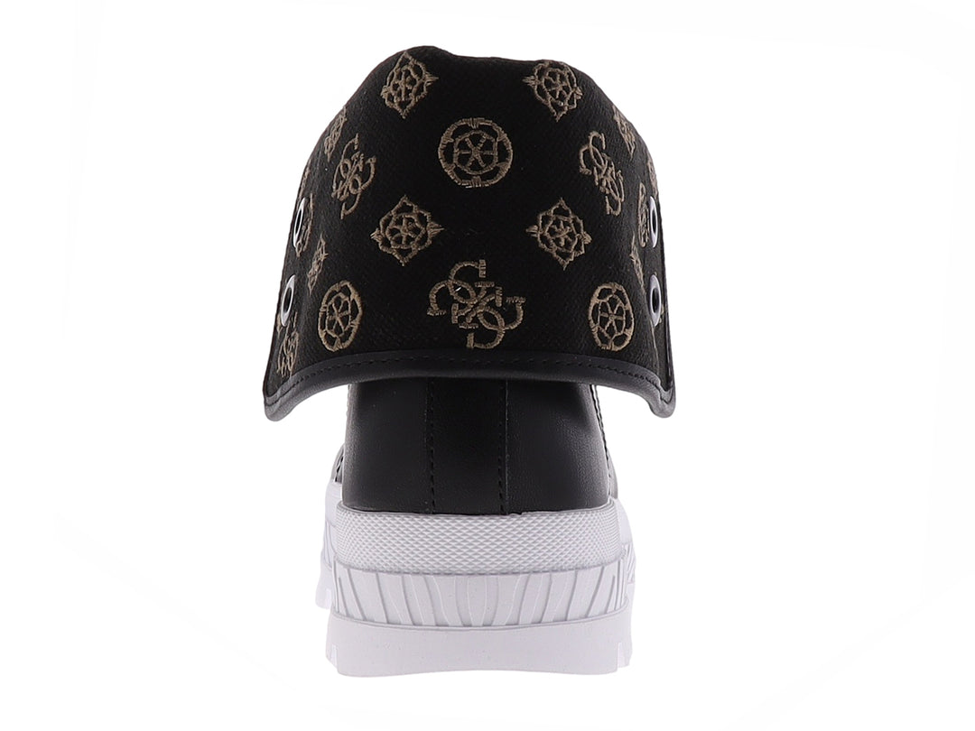 Tenis Guess modelo GW HORLO3 en color negro con suela blanca ancha y plataforma dentada.