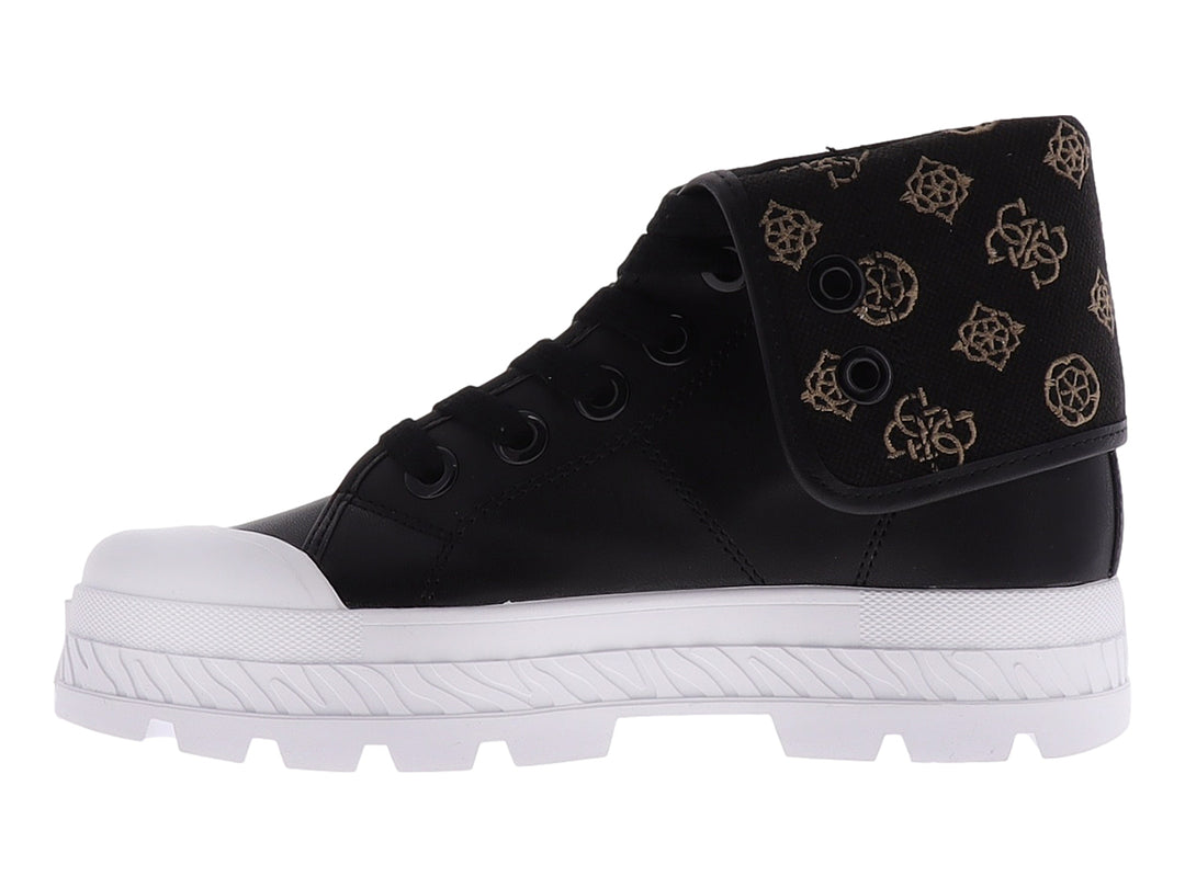 Tenis Guess modelo GW HORLO3 en color negro con suela blanca ancha y plataforma dentada.