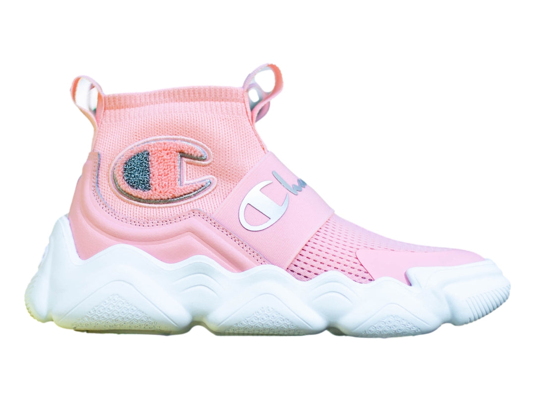 Tenis deportivos Champion color rosa con suela blanca gruesa y diseño de tejido.