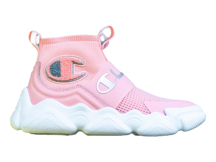 Tenis deportivos Champion color rosa con suela blanca gruesa y diseño de tejido.