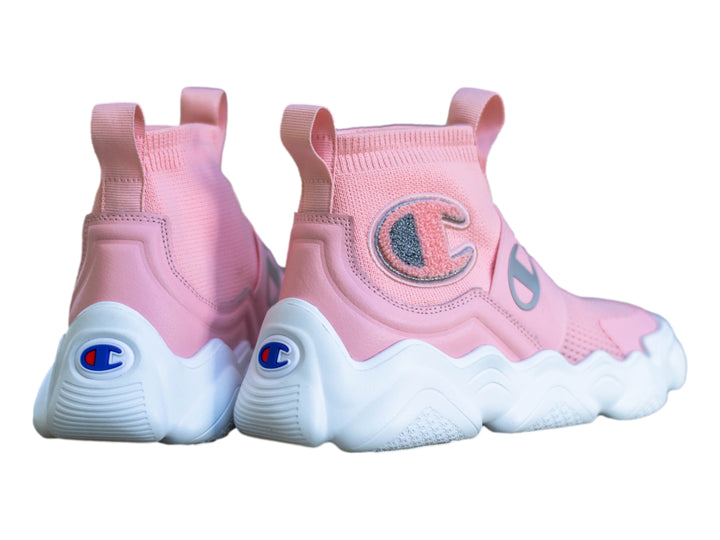 Tenis deportivos Champion color rosa con suela blanca gruesa y diseño de tejido.