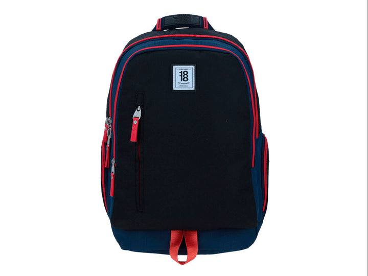 Mochila escolar Chenson color azul marino con detalles y cierres en color rojo.