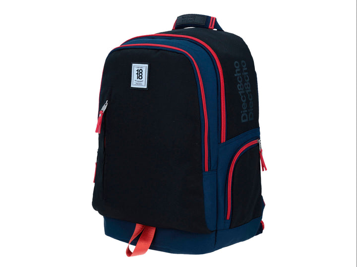 Mochila escolar Chenson color azul marino con detalles y cierres en color rojo.