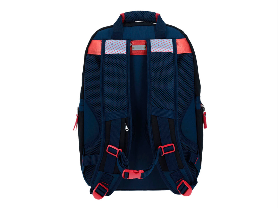 Mochila escolar Chenson color azul marino con detalles y cierres en color rojo.