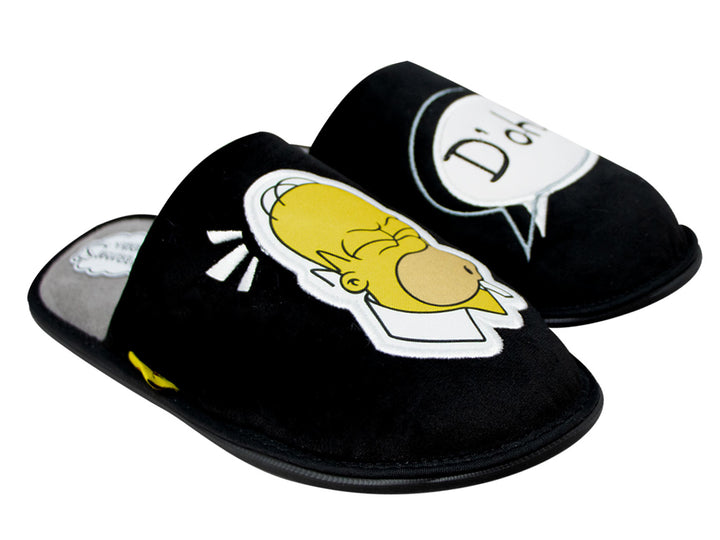 Pantuflas negras de felpa con imágenes de Homero Simpson y la frase D&