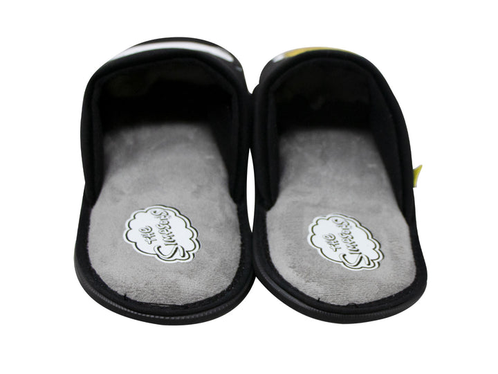 Pantuflas negras de felpa con imágenes de Homero Simpson y la frase D&