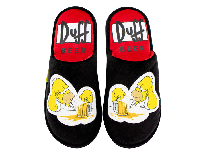 Par de pantuflas negras con plantillas rojas y diseño de Homero Simpson y cerveza Duff.