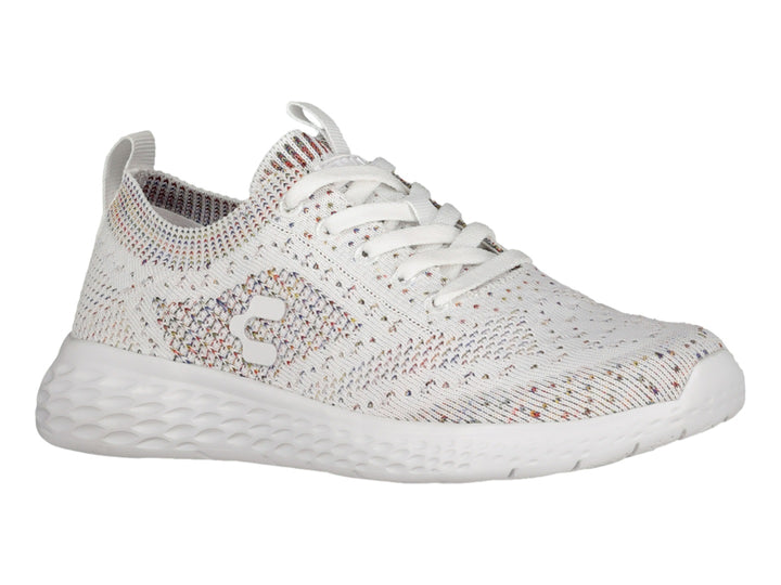 Tenis deportivos Charly blancos con tejido multicolor y suela blanca texturizada.