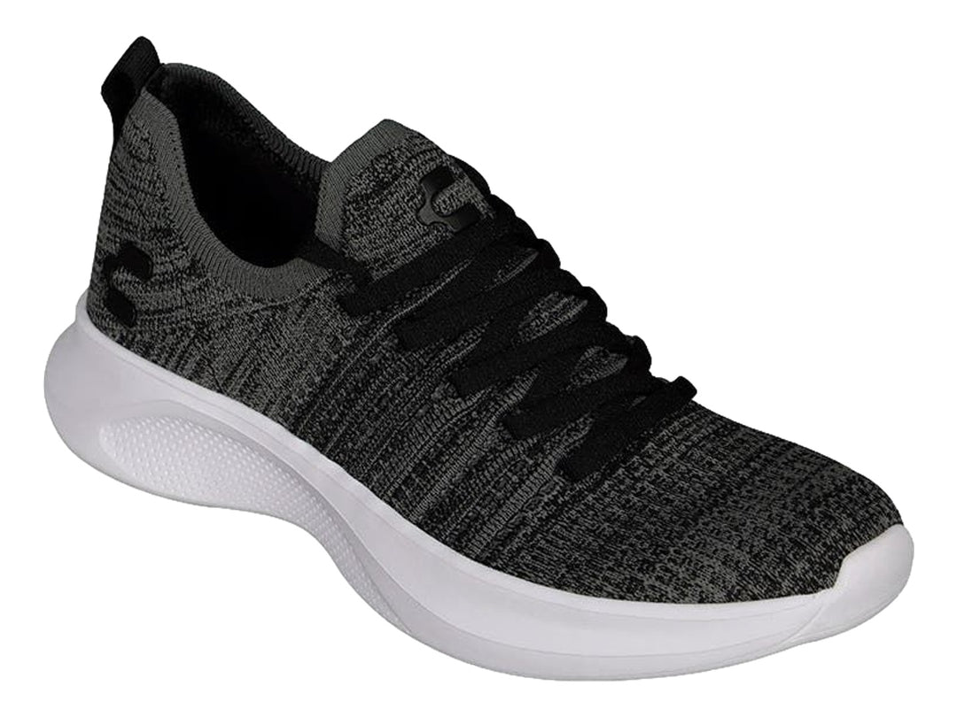Tenis deportivos Charly de tela tejida en color negro y gris con suela blanca.
