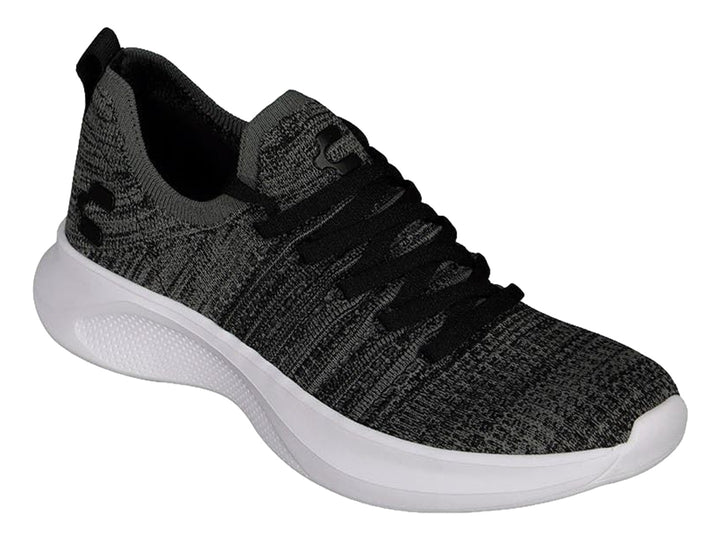 Tenis deportivos Charly de tela tejida en color negro y gris con suela blanca.