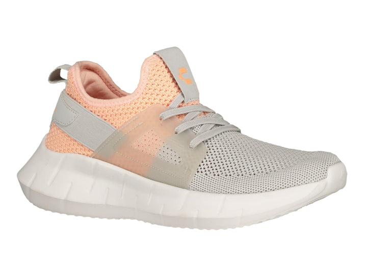 Tenis deportivos Charly en colores coral y gris con suela blanca y tejido de malla.