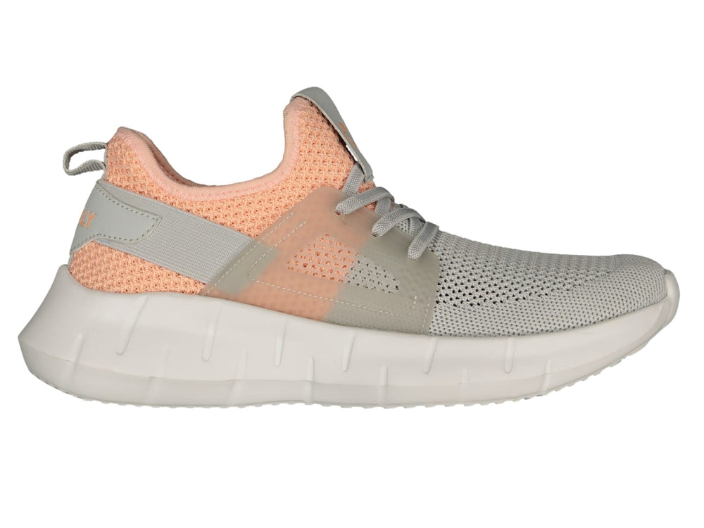 Tenis deportivos Charly en colores coral y gris con suela blanca y tejido de malla.