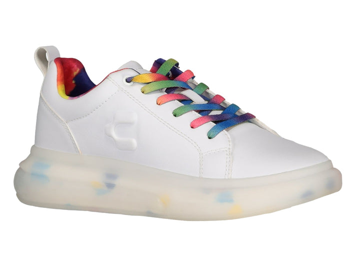 Tenis blancos Charly con agujetas y forro multicolor y suela translúcida.