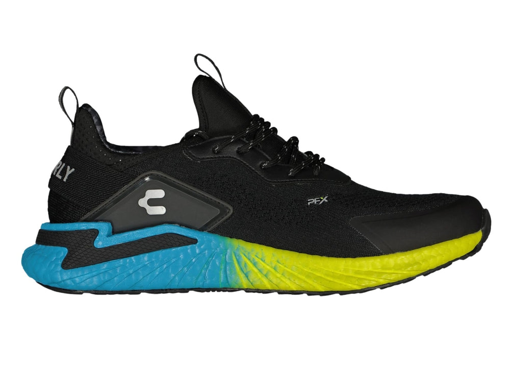 Tenis deportivos Charly color negro con suela en degradado de aqua a amarillo.