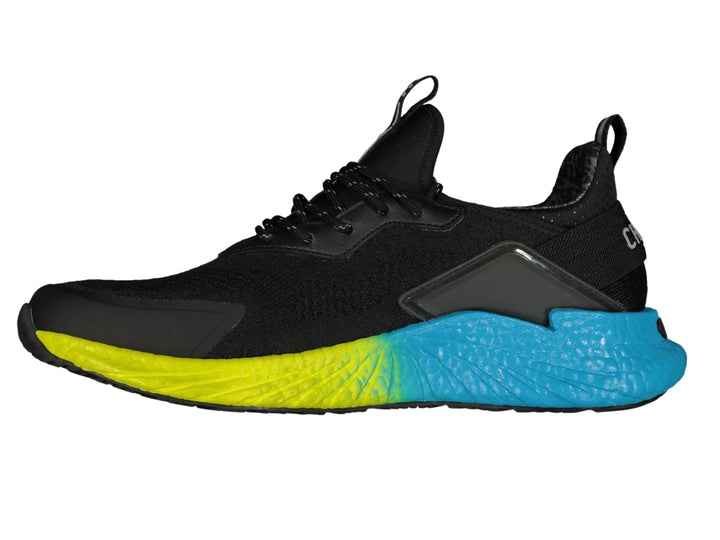 Tenis deportivos Charly color negro con suela en degradado de aqua a amarillo.