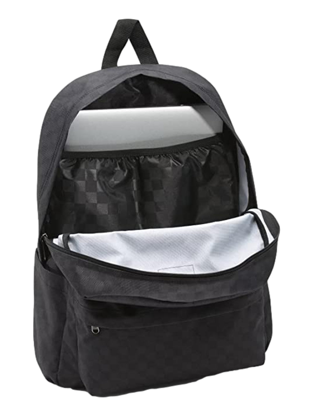 Mochila VANS Old Skool H20 color negro y gris con patrón de cuadros y bolsillo frontal.