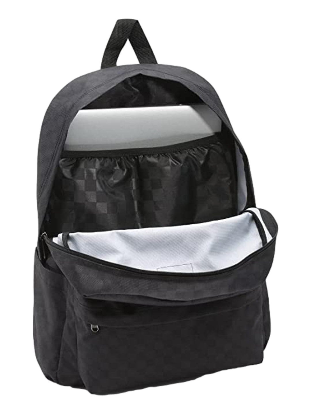 Mochila VANS Old Skool H20 color negro y gris con patrón de cuadros y bolsillo frontal.