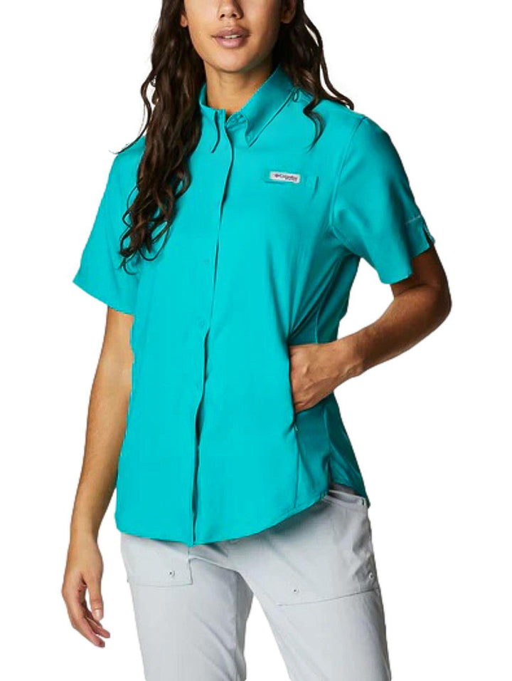 Camisa Columbia PFG Tamiami II de manga corta en color verde para mujer.