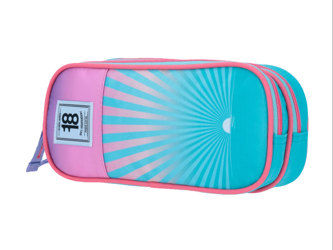 Lapicera escolar Chenson en colores azul y rosa con diseño de rayos solares y cierre lateral.