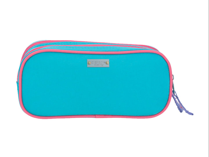 Lapicera escolar Chenson en colores azul y rosa con diseño de rayos solares y cierre lateral.