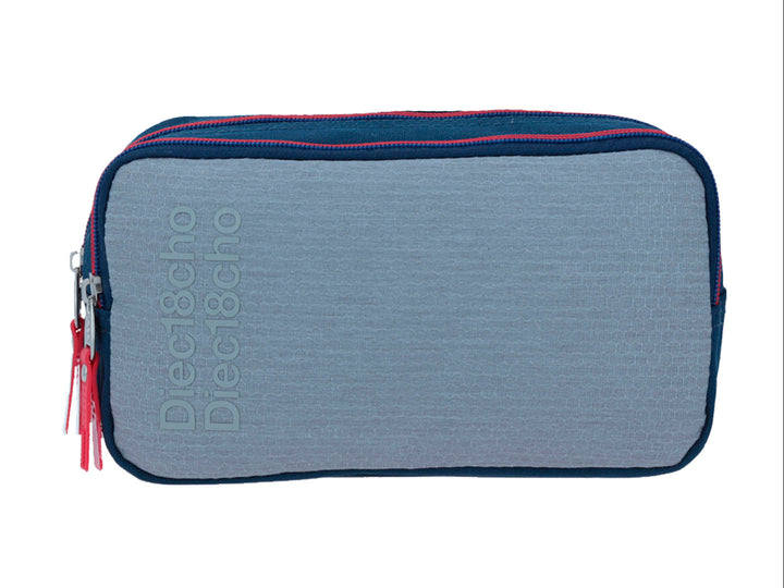 Lapicera Chenson de color gris con detalles en azul y rosa, forma rectangular y cierre superior.