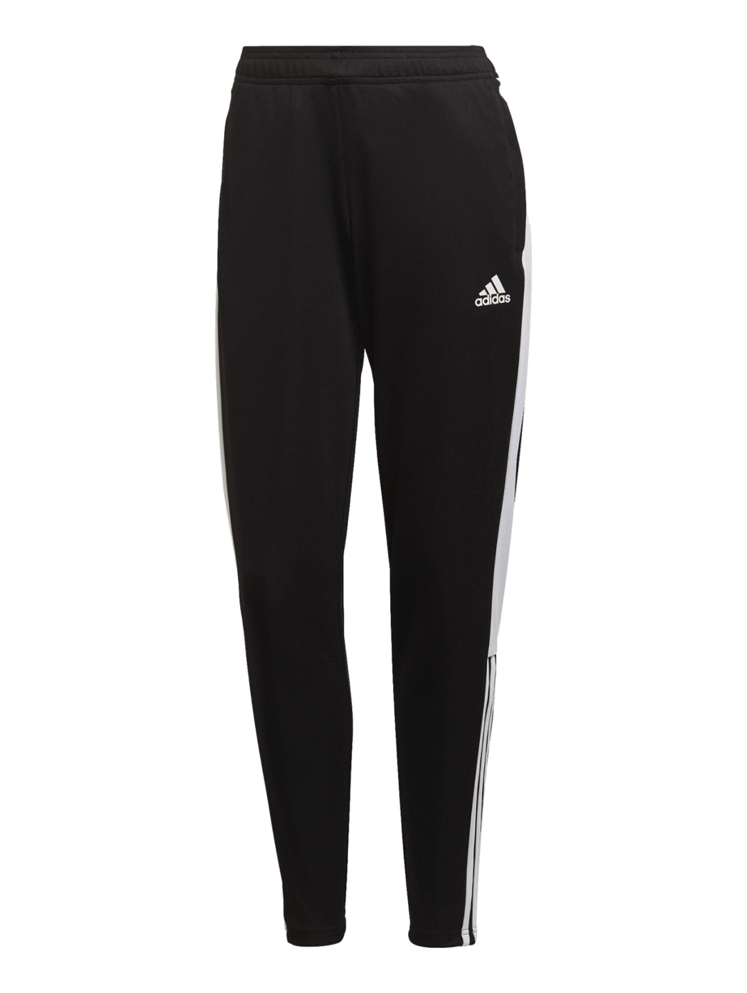 Pantalones deportivos Adidas color negro con tres franjas blancas laterales y corte ajustado.